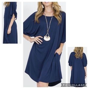 Navy Puff-Sleeve Pocket Shift Dress, M/L